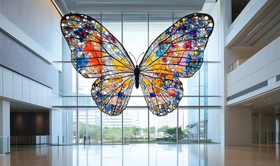 Colorful Stained Glass Butterfly Sculpture Suspended in Modern Glass Atrium