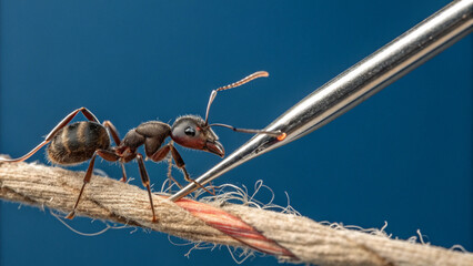 A tiny red ant with a long antenna walks on a rope