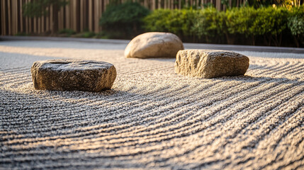 Zen Garden with Rocks and Raked Sand Patterns