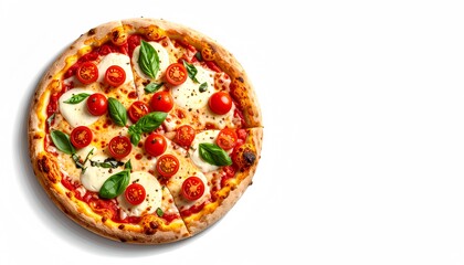 Hot Pizza with Mozzarella, Cherry Tomatoes and Basil on White Background
