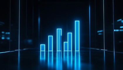 Glowing Blue Neon Bar Chart with Transparent Base on Dark Background Representing Data Analytics