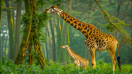 A long-necked giraffe, a wild mammal, eating grass in a safari