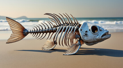 A black and white fossilized fish skeleton lies isolated on a sandy beach