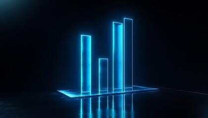 Glowing Blue Neon Bar Chart with Transparent Base on Dark Background Representing Data Analytics