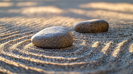 Zen Garden with Rocks and Raked Sand Patterns