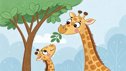 A funny cartoon illustration of a cute baby giraffe in the jungle