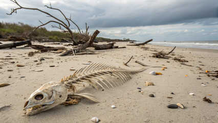 A bleached fish skeleton rests on the wet sand of a desolate coast, a grim reminder of nature's cycle under a vast sky