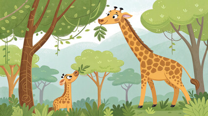 A funny cartoon illustration of a cute baby giraffe in the jungle