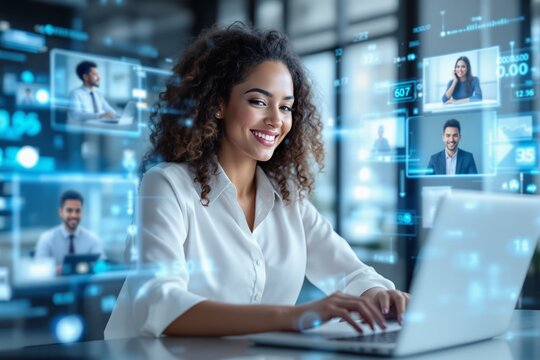 Smiling businesswoman using laptop surrounded by digital interface of virtual meetings and data screens in modern office environment. Ai generative. Ai generative