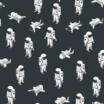 Isometric astronaut pattern exploring space with personal spaceships on a dark background illustrating future space travel and cosmic exploration.