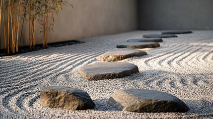 Zen Garden with Rocks and Raked Sand Patterns
