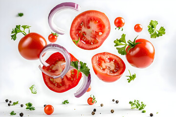 floating tomatoes onion rings fresh parsley white background