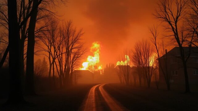 Bushy Forest Fire Conflagration at The Edge of City Houses
