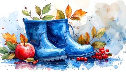 Autumnal rain boots and fruit