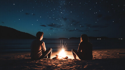 Two People Sitting by Campfire Under Starry Night Sky