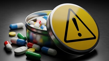 A metal tin full of colorful pills and capsules next to a yellow warning sign, illustrating the dangers and risks of medication abuse
