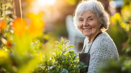 Smiling Elderly Woman Gardening in Sunny Backyard