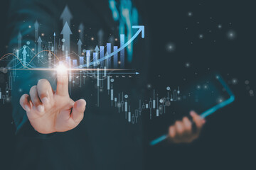 Digital Compliance Quality concept with businessman using tablet and touching a glowing holographic chart, showing financial data growth, analytics trends, investment planning for corporate success.