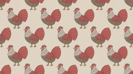 Obraz premium Seamless repeating pattern of stylized folk art roosters on a textured background, a rustic farm animal illustration