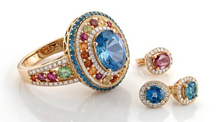 Gold ring and earrings with colorful gemstones and diamonds