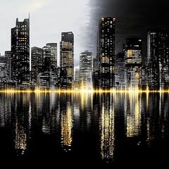 Dramatic Night Cityscape with Illuminated Skyscrapers Reflected in Water under Stormy Sky