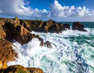 Fototapeta premium Dramatic coastal scene with rough waves crashing against rocky cliffs