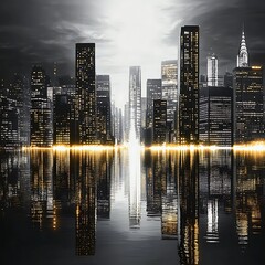 Dramatic Night Cityscape with Illuminated Skyscrapers Reflected in Water under Stormy Sky