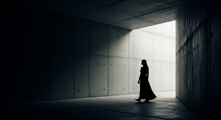Woman Walking Towards Light in Dark Tunnel.