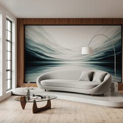 This image presents a modern living room designed as a tranquil escape. The elevated sofa and full-wall art piece create a striking focal point, while the serene, abstract landscape painting expands 