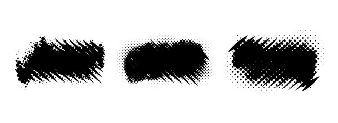 Grunge comic pop art banner set. Rough dotted and striped grainy dirty shape collection. Halftone spray paint frames pack. Vector distressed elements for text box, poster, badge, collage, border 