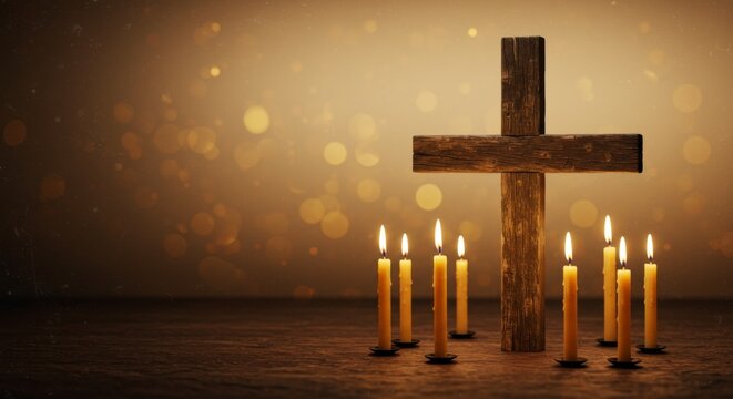 Hungary Pilgrimage Day banner background, cross and candles on rustic gradient 