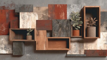 Abstract tiles backdrop with wood shelves holding potted plants, textured look