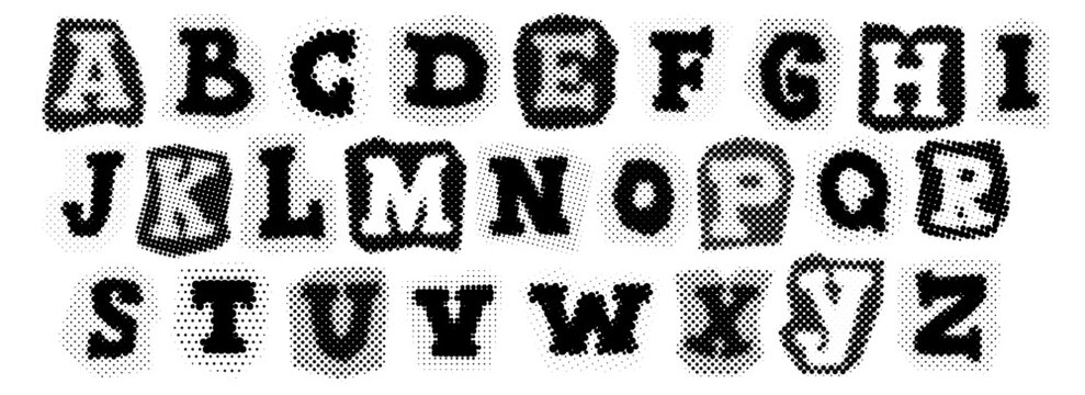 Black halftone alphabet. Retro pixelated uppercase font. Comic pop art style letters. Grunge textured dotted abc. Aged rasterized bitmap English alphabet. Old newspapers typography set. Vector