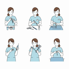 A series of illustrations depicting a masked healthcare worker in scrubs performing various medical preparations and handling instruments, including syringes, test tubes, and surgical tools.