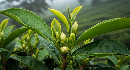 Close-up shot of young, fresh tea leaves and buds on a tea plant, glistening with raindrops, with a misty tea plantation in the blurry background.