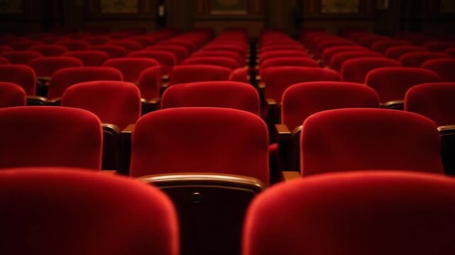 Empty red velvet chairs in an antique opera house setting