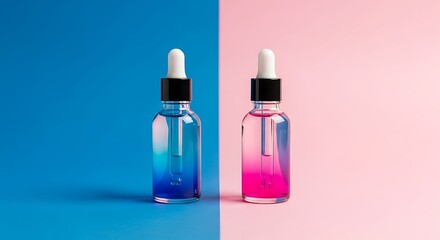 Two vibrant glass dropper bottles with blue and pink liquids on a striking split color blue and pink background