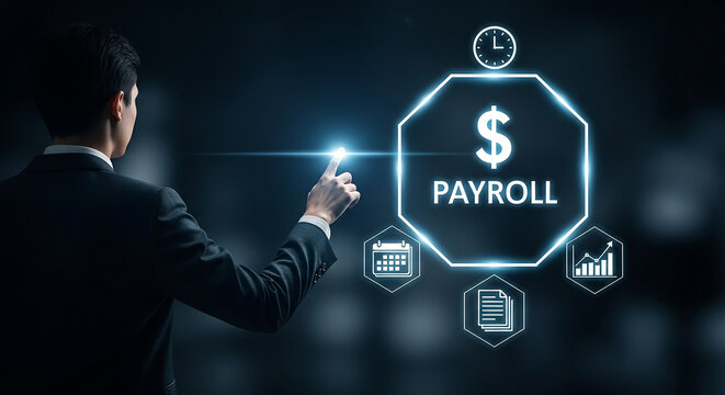 Payroll Management Solution Businessman Interacting with Digital Interface for Business Finance Timekeeping Calendar