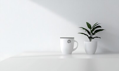 Minimalist White Coffee Mug and Potted Plant on Clean Surface with Soft Natural Light