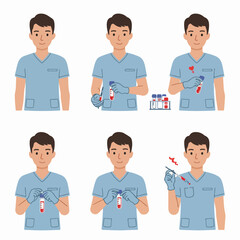 Male medical professional demonstrating the process of blood sample collection and laboratory handling, including syringes and test tubes for diagnostic testing and healthcare procedures.