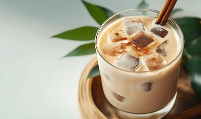 Refreshing Iced Chai Latte with Cinnamon Stick and Green Leaves on White Tabletop
