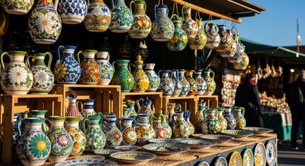 Fototapeta premium A vibrant display of handcrafted ceramic pottery, showcasing various colorful designs and patterns at a market.