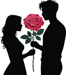 Silhouette couple receiving a large red rose on a light background