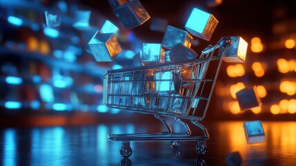 A shopping cart filled with glowing cubes against a bokeh background in a digital rendering style