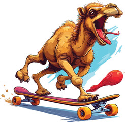 Funny camel riding a skateboard with a silly expression