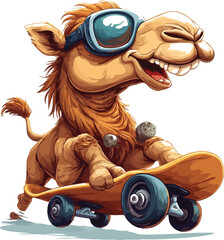Funny cartoon camel wearing goggles riding a skateboard with a big smile