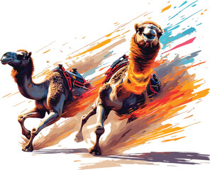 Two camels running through a vibrant abstract desert landscape