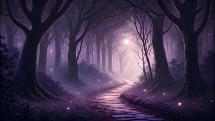 Obraz premium mystical forest path landscape under a purple theme with moonlight and dark trees