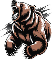Aggressive grizzly bear roaring with mouth open and claws extended