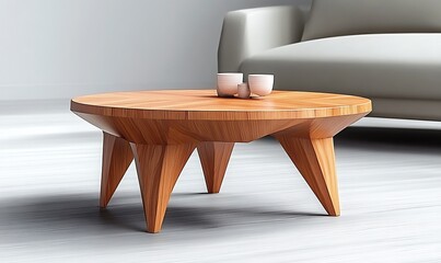 Modern Geometric Wooden Coffee Table with Sculpted Legs in Minimalist Living Room Interior
